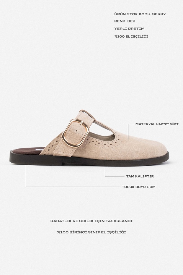 Dámské pantofle Serry Beige Genuine Suede s detailní plochou podrážkou - 3