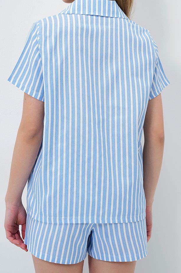 Kadın Mavi Yazlık Pamuk Örme Gömlek Ve Şort Pijama Takım Prmx14085 - 5
