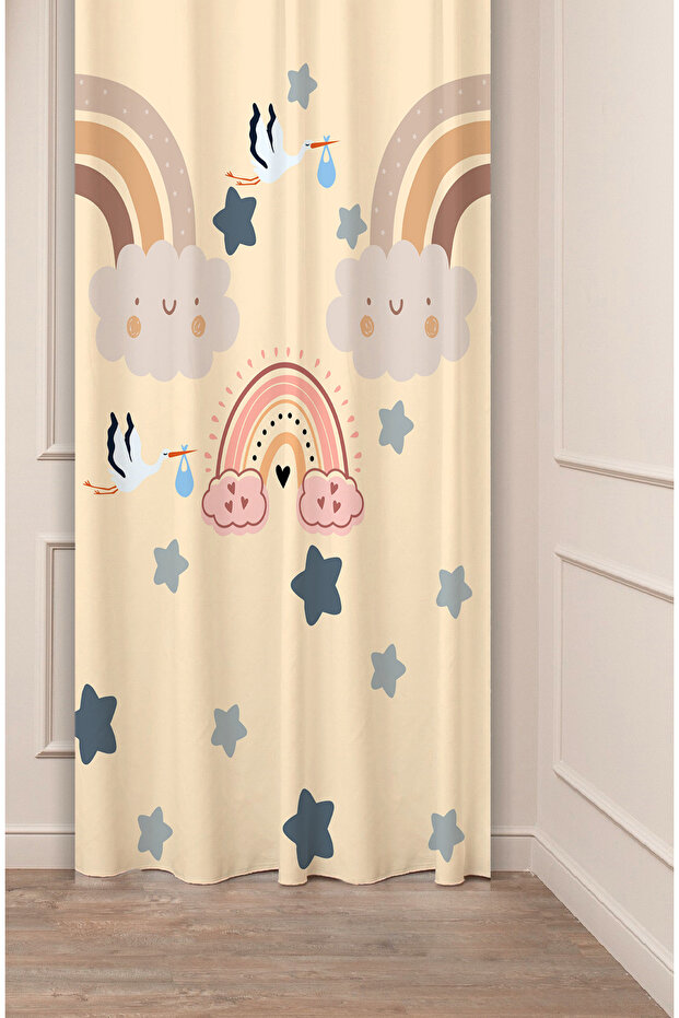 Rainbow Moon Star Stork Patterned Special Design Digital Printed (Single Wing) Children's Room Background Curtain