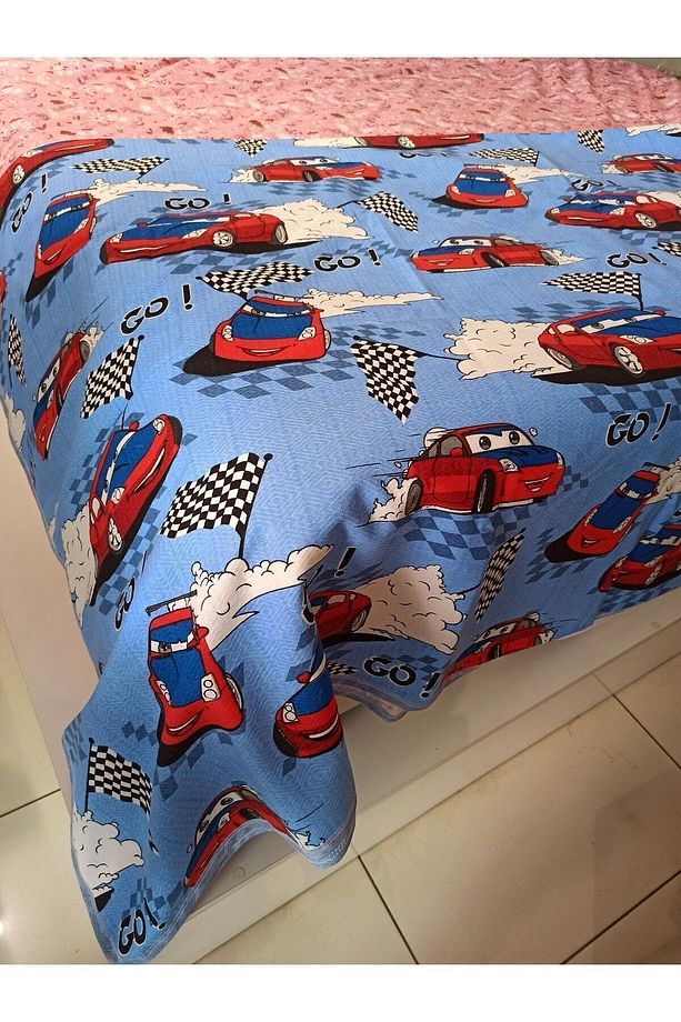 Erkek Çocuk Arabalı Go Car Desen 150x240 Cm. Tek Kişilik Tek Pike - Mavi - 5