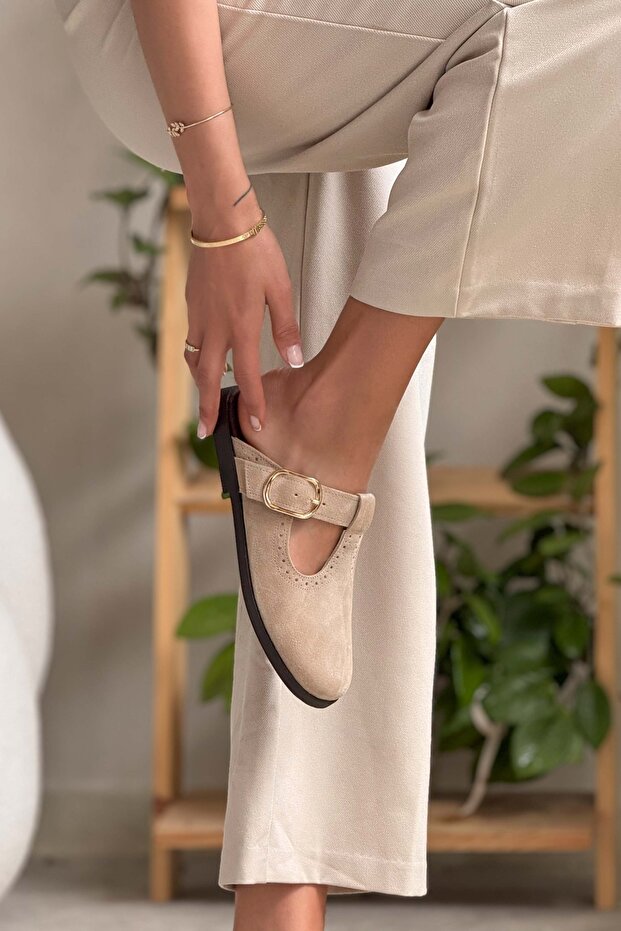 Dámské pantofle Serry Beige Genuine Suede s detailní plochou podrážkou - 8