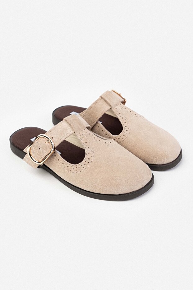 Dámské pantofle Serry Beige Genuine Suede s detailní plochou podrážkou - 6