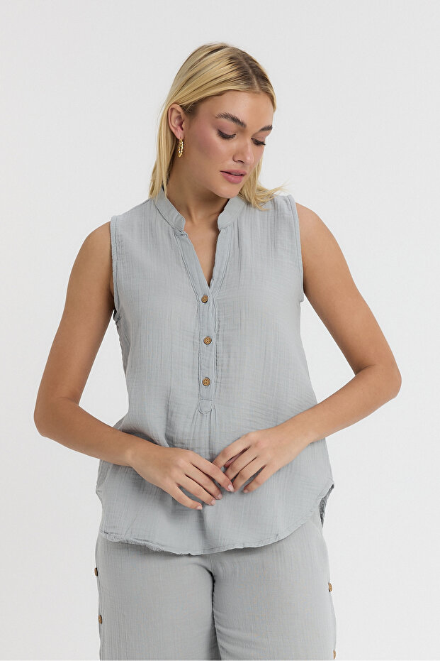 Muslin Blouse - Muslin High Collar Half Placket Sleeveless Blouse - 1070