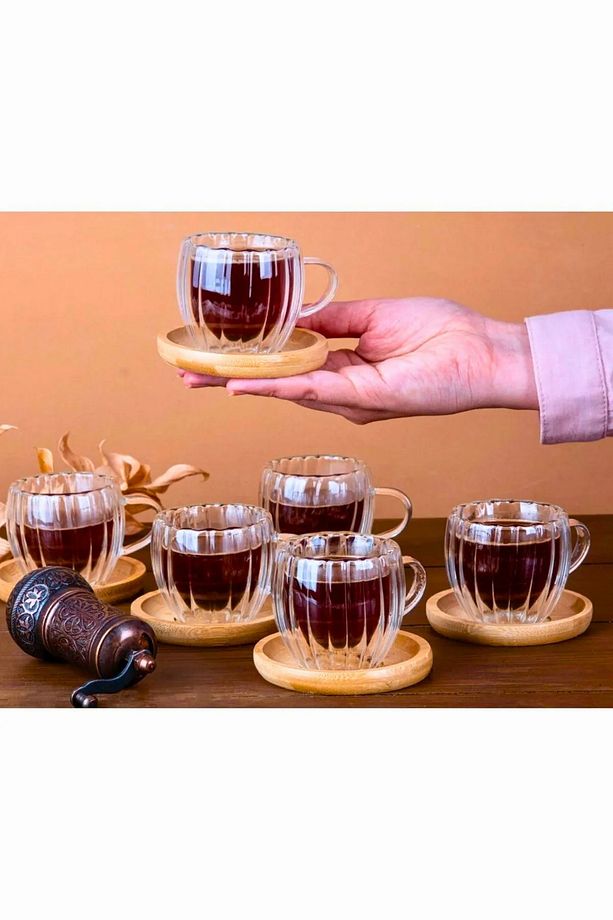 2'li Bambu Tabaklı Çift Cidarlı Kahve Takımı Bardağı Fincan Seti 80 ML 4 Parça - 3