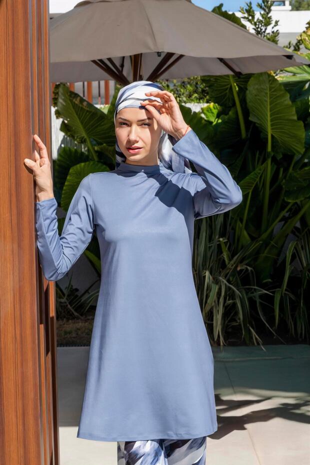 Fully Covered Patterned Hijab Swimsuit with Loose Pants - 2533
