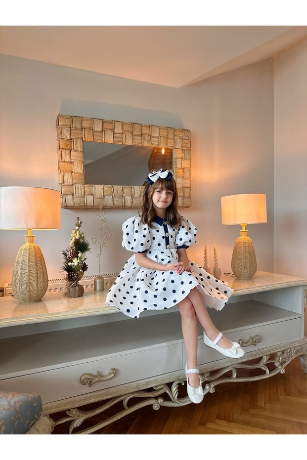 Special Design, Polka Dot, Balloon Sleeve, Button Detailed, Hair Accessory Girls' Dress_m2451