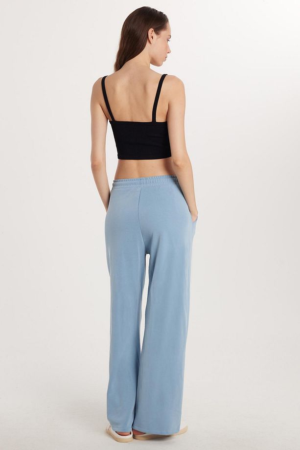 Kadın Modal Kumaş Regular Fit Normal Bel Çift Cep Beli Bağcıklı Mavi Eşofman Altı - 5