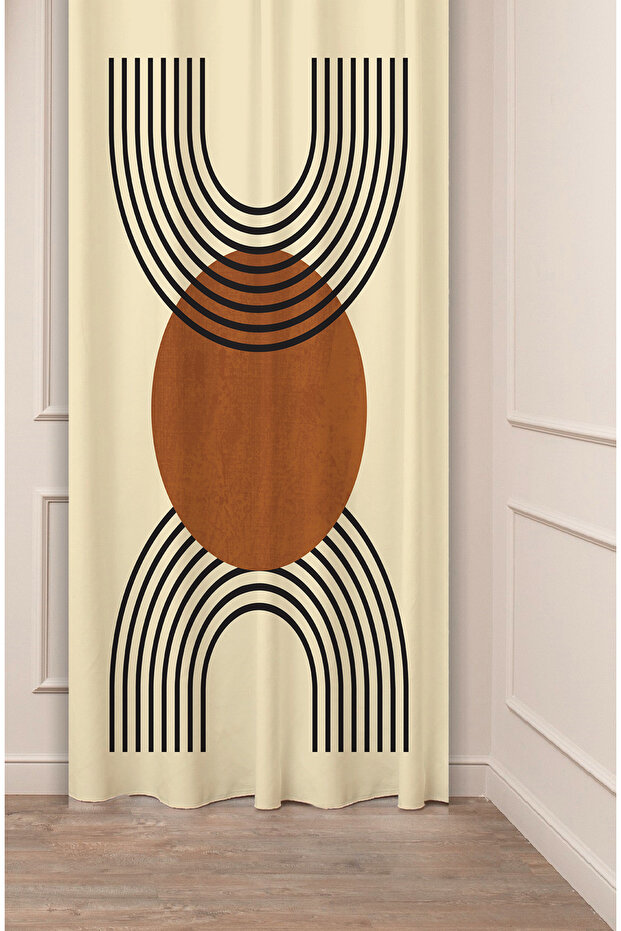 Bohemian Geometric Lines Patterned Special Design Digital Printed (Single Wing) Modern Stylish Beige Background Curtain