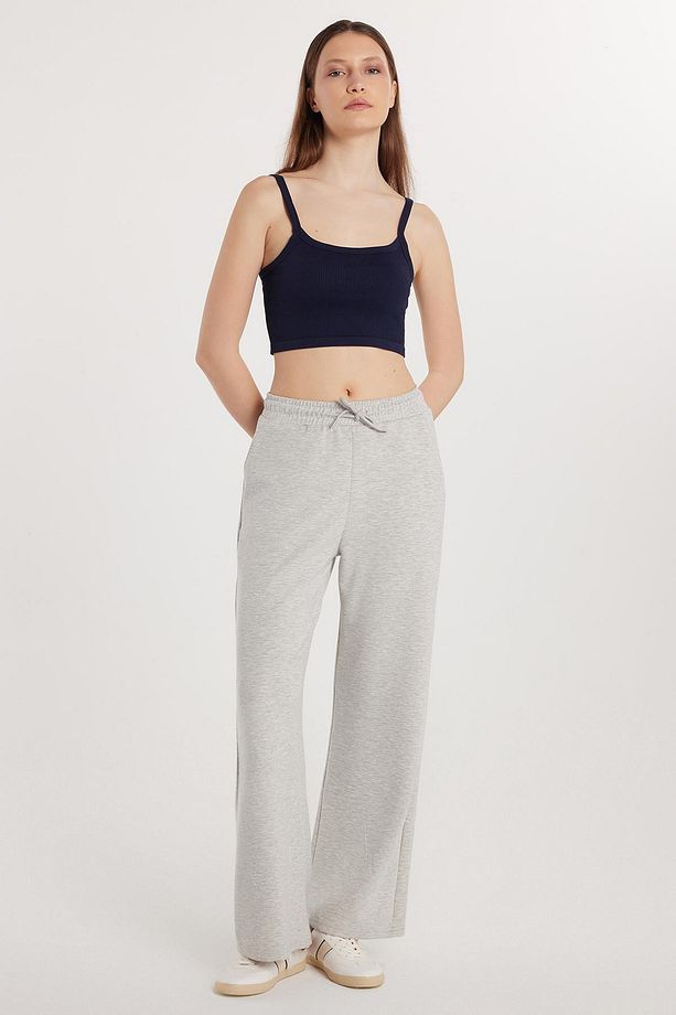 Kadın Modal Kumaş Regular Fit Normal Bel Çift Cep Beli Bağcıklı Gri Eşofman Altı - 4