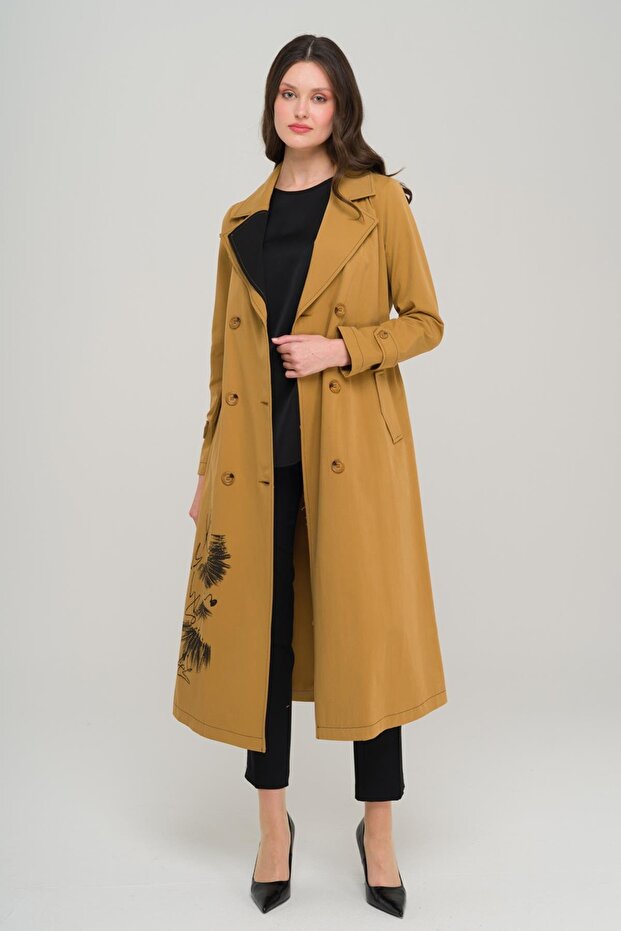 Printed and Stone Detailed Garnished Unlined Trench Coat Taba 6694