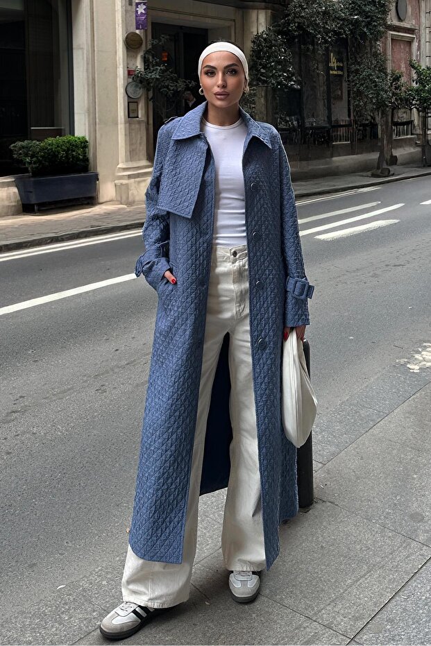 Lightweight Trench Coat with Cape and Epaulet Detail Quilted Pattern İndi̇go 6693