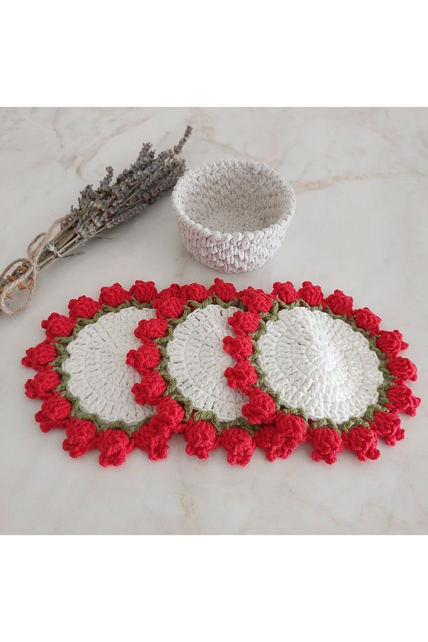 El Örgüsü Laleli Bardak/fincan/kupa Altlığı Ve Sepeti [bardak Altı 13 Cm] - 3