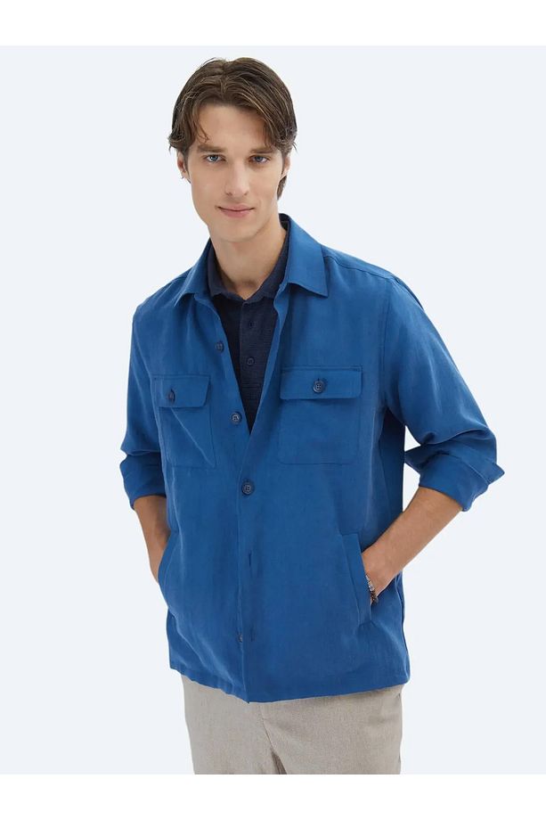 İndigo Regular Fit Dokuma Overshırt - 3