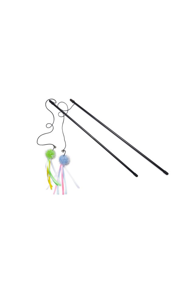 Cat Fishing Rod with Bell, Feather Ball and Ribbons,
