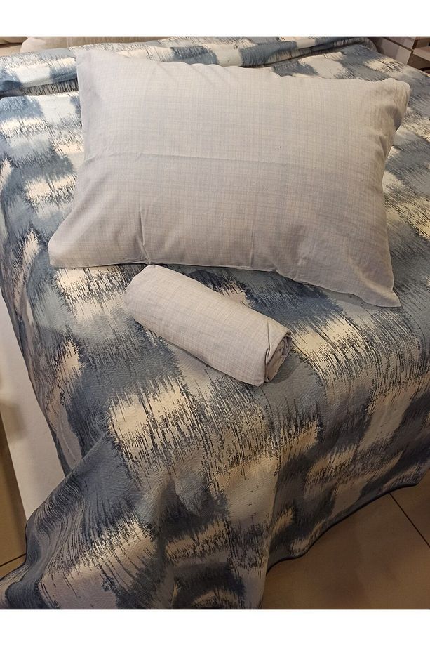Patchwork Desenli Çarşafı Lastikli Tek Kişilik Pike Takımı - Mavi - 1