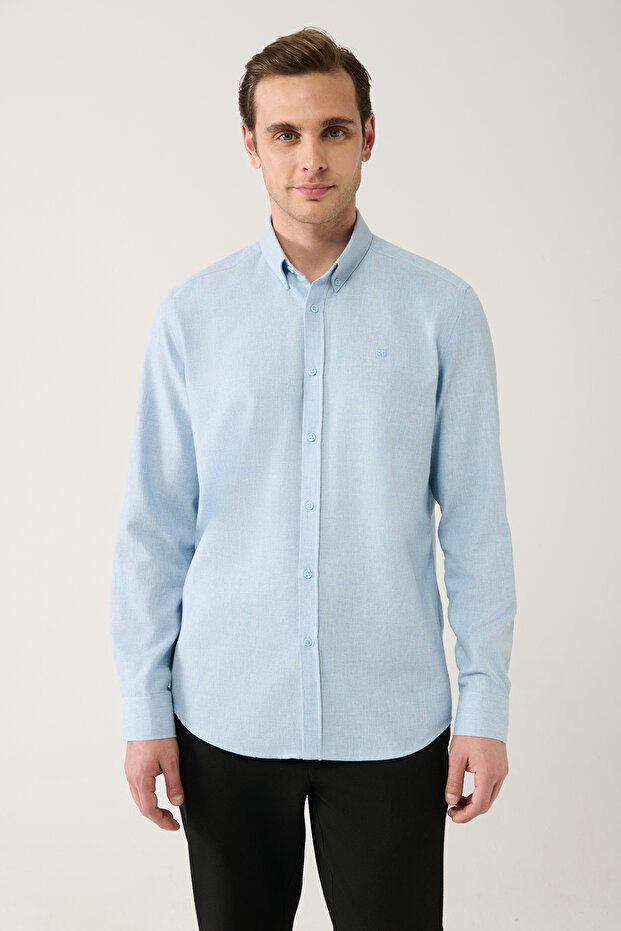 Erkek Açık Mavi Basic Düğmeli Yaka Pamuklu Gömlek E002003 - 3