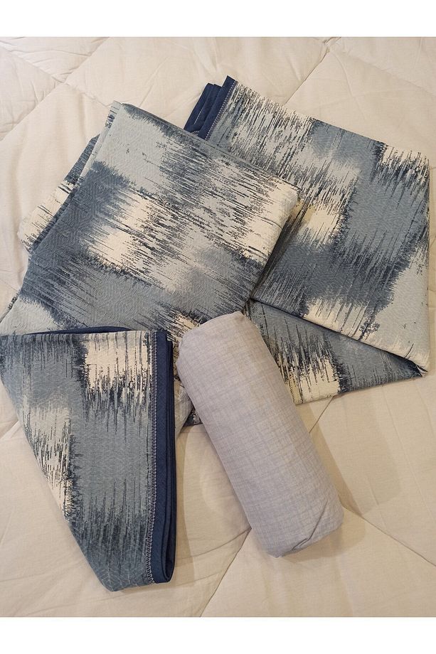 Patchwork Desenli Çarşafı Lastikli Tek Kişilik Pike Takımı - Mavi - 6