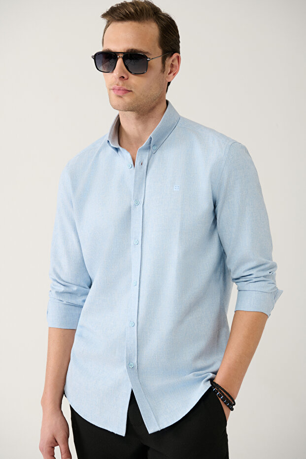 Erkek Açık Mavi Basic Düğmeli Yaka Pamuklu Gömlek E002003 - 1