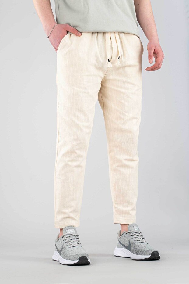 Men's Jogger Linen Pants Elastic Waist Drawstring Cotton Casual Boyfriend Pants Beige