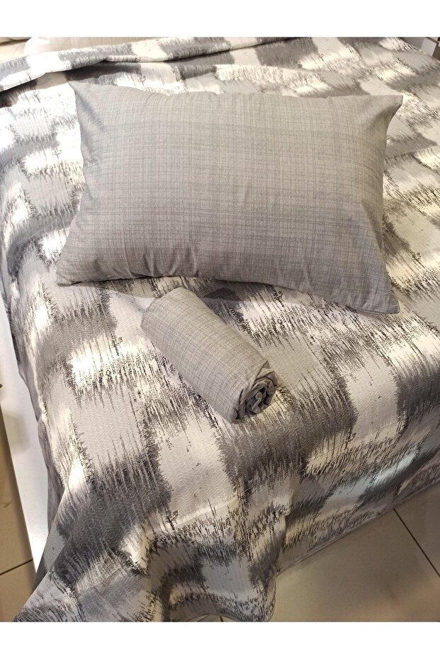 طقم ملاءة سرير مطاطية منقوشة مرقعة - رمادي وبني - 1