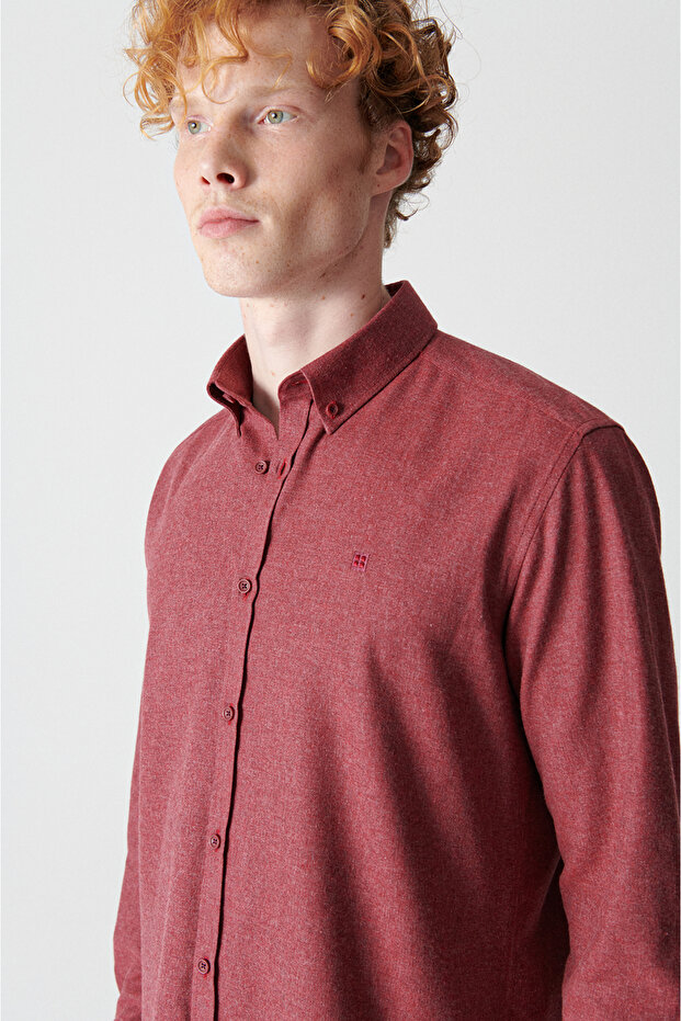 Men's Claret Red Basic Buttoned Collar Cotton Shirt E 002003 - 2