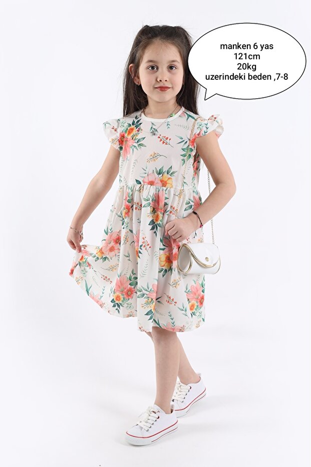Girl's Flower Patterned Dress - Crepe Fabric, Bag Gift