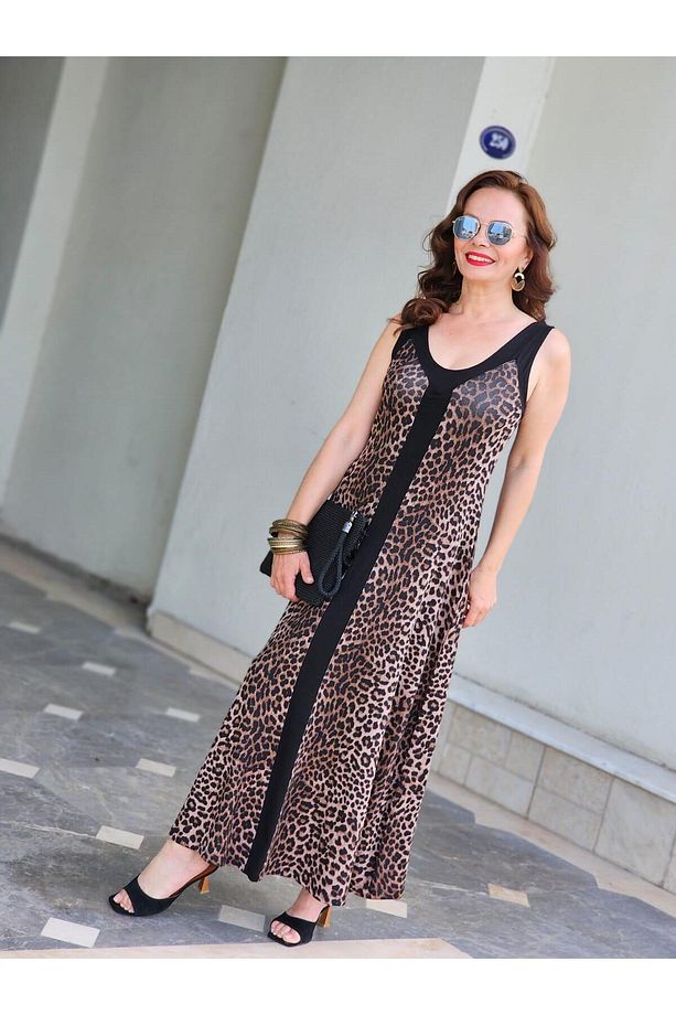 FELİX13637 Kalın Askılı Leopar Desenli Siyah Uzun Elbise - 5