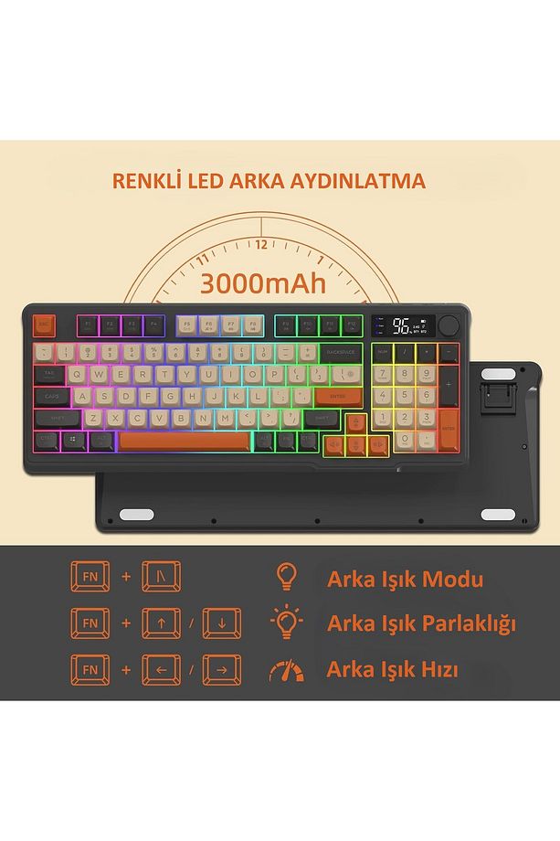 Gaming Oyuncu Klavye RGB Kablosuz 2.4ghz -Bluetooth Çift Bağlantılı Tft Led Ekranlı Oyuncu Klavye - 2