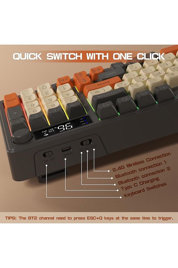 Gaming Oyuncu Klavye RGB Kablosuz 2.4ghz -Bluetooth Çift Bağlantılı Tft Led Ekranlı Oyuncu Klavye - 5