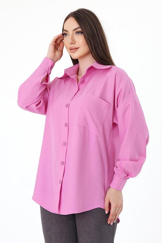Tek Cepli Oversize Keten Gömlek- Pembe - 1