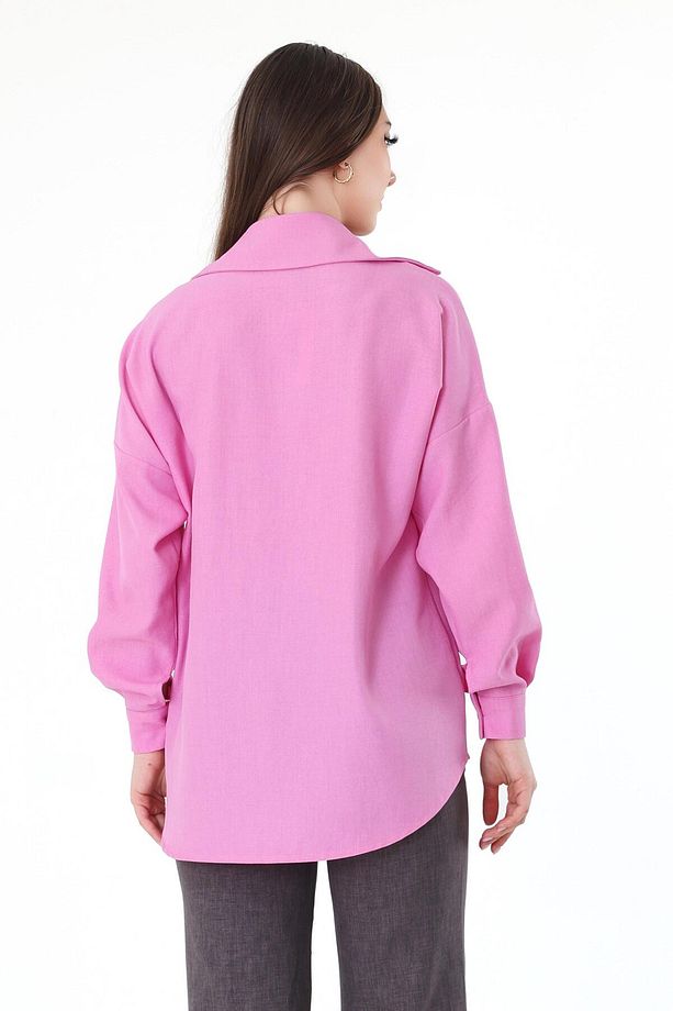 Tek Cepli Oversize Keten Gömlek- Pembe - 4