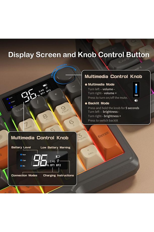 Gaming Oyuncu Klavye RGB Kablosuz 2.4ghz -Bluetooth Çift Bağlantılı Tft Led Ekranlı Oyuncu Klavye - 8