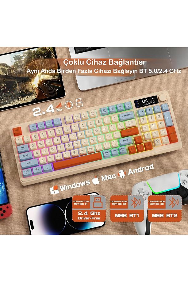 Gaming Oyuncu Klavye RGB Kablosuz 2.4ghz -Bluetooth Çift Bağlantılı Tft Led Ekranlı Oyuncu Klavye - 2