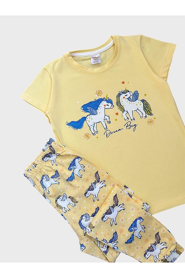 Kız Çocuk %100 Pamuklu Sarı Unıcorn Desenli Kısa Kollu Altı Uzun Pijama Takımı - 4