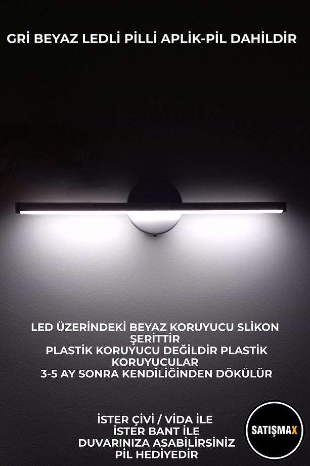 Modern Kablosuz Tak Çalıştır Ledli Pilli Aplik Banyo Tablo Ayna Aydınlatma Gri Pil Dahildir - 1