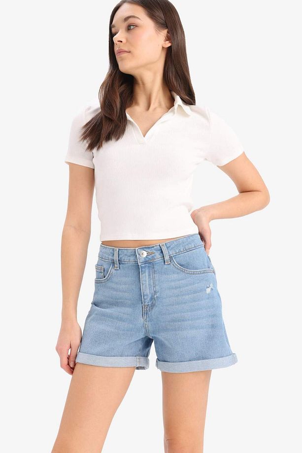 Normal Bel Yıkamalı Cepli Duble Paça Jean Şort E0701AX25SM - 4