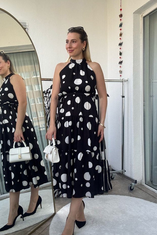 Halter Neck Polka Dot Pattern Long Sleeveless Dress