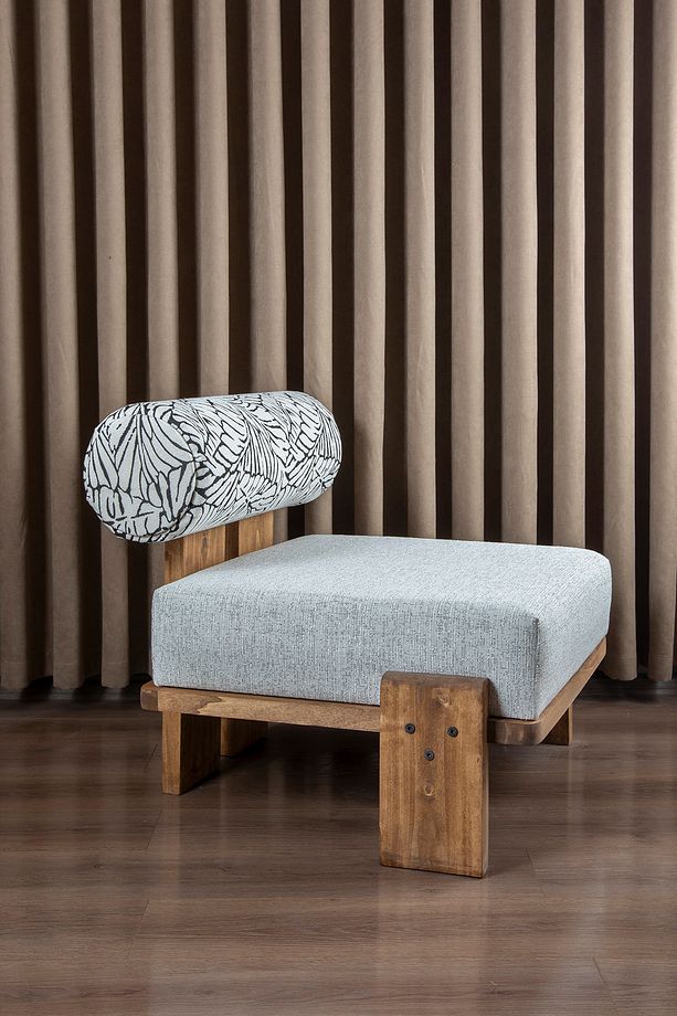 VOOG Doğal Ahşap Jakarlı Dokuma Kumaş Modern Berjer - 3