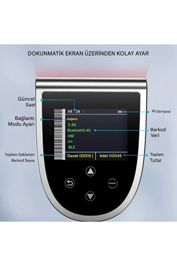HW0015 Kablosuz 2D Barkod Okuyucu | Bluetooth + USB + 2.4G | Ekranlı | Şarj Standlı - 2
