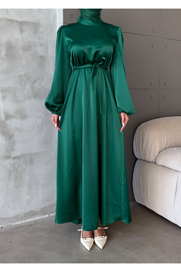 Balloon Sleeve Satin Hijab Oversize Piping Belted Hijab Dress