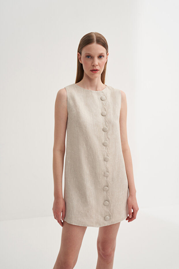 Asimetrik Düğmeli Elbise - 3