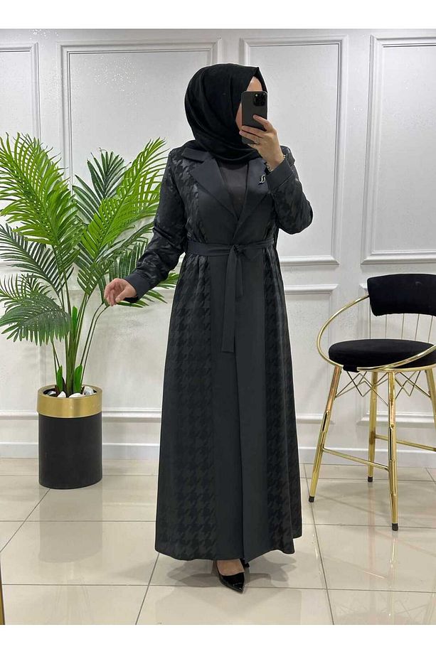 5522 GRİ K 450 YENİ SEZON KAZAYAĞI DESENLİ İKİLİ ABAYA TAKIM - 2