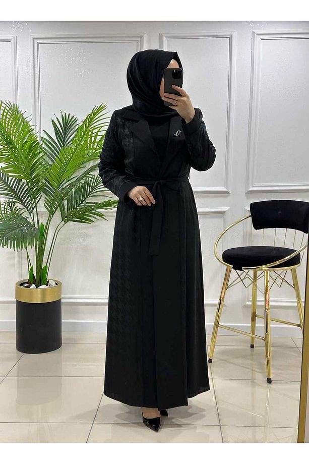 5522 SİYAH K 450 YENİ SEZON KAZAYAĞI DESENLİ İKİLİ ABAYA TAKIM - 2