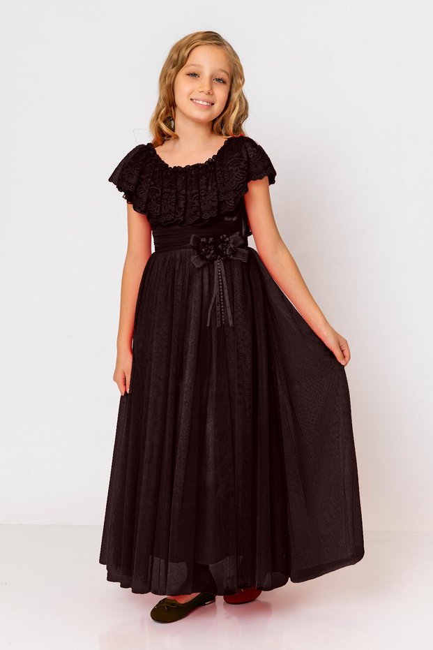 Girl's Tulle Lace Floral Belted Evening Dress