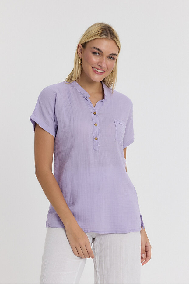 Women's Short Sleeve Blouse - Muslin Judge Collar Blouse - 1130