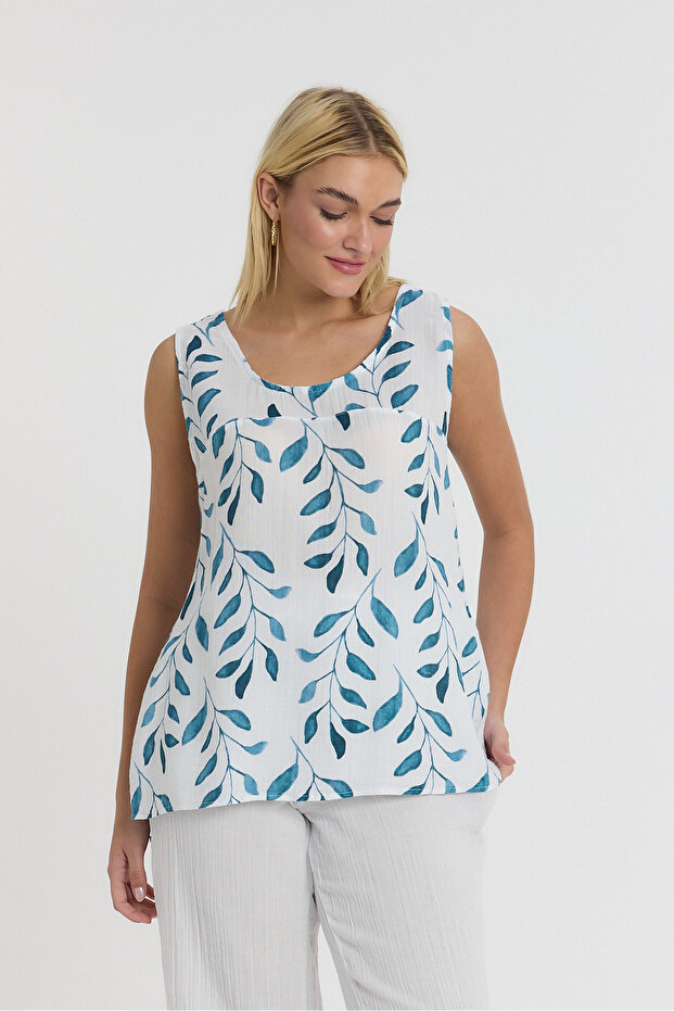 Women's Strappy Blouse - Muslin Olive Branch Pattern with Buttons on the Back - 1115