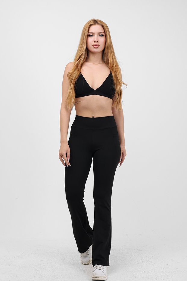 Flared Leggings Women's Black High Waist Gathering Leggings Double Pockets Flared Leggings Bootcut