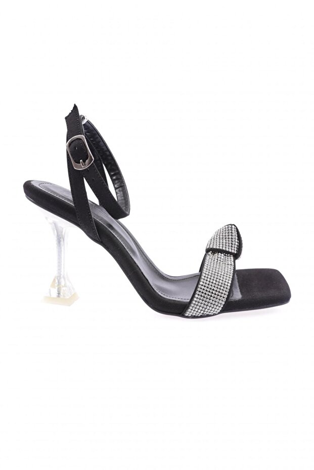 5162-23Y Women's Twisted Silver Stone Ankle Strap Heeled Shoes Black Satin