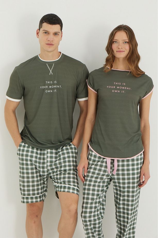 Kareli Yaka ve Kol Biyeli Couple Erkek Şort Pijama - 4