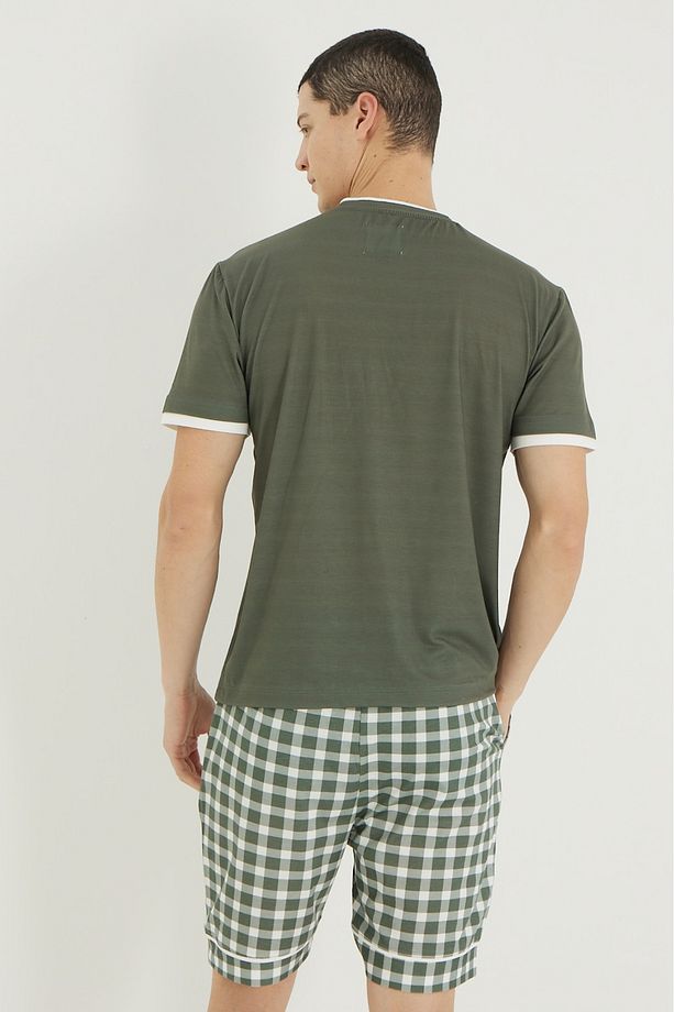 Kareli Yaka ve Kol Biyeli Couple Erkek Şort Pijama - 7